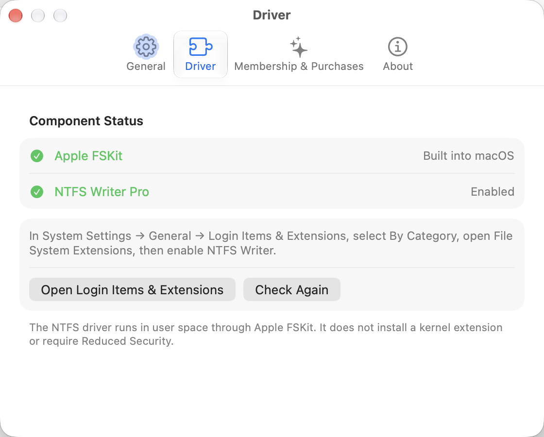 NTFS Writer Driver settings showing Apple FSKit, enabled status and setup instructions
